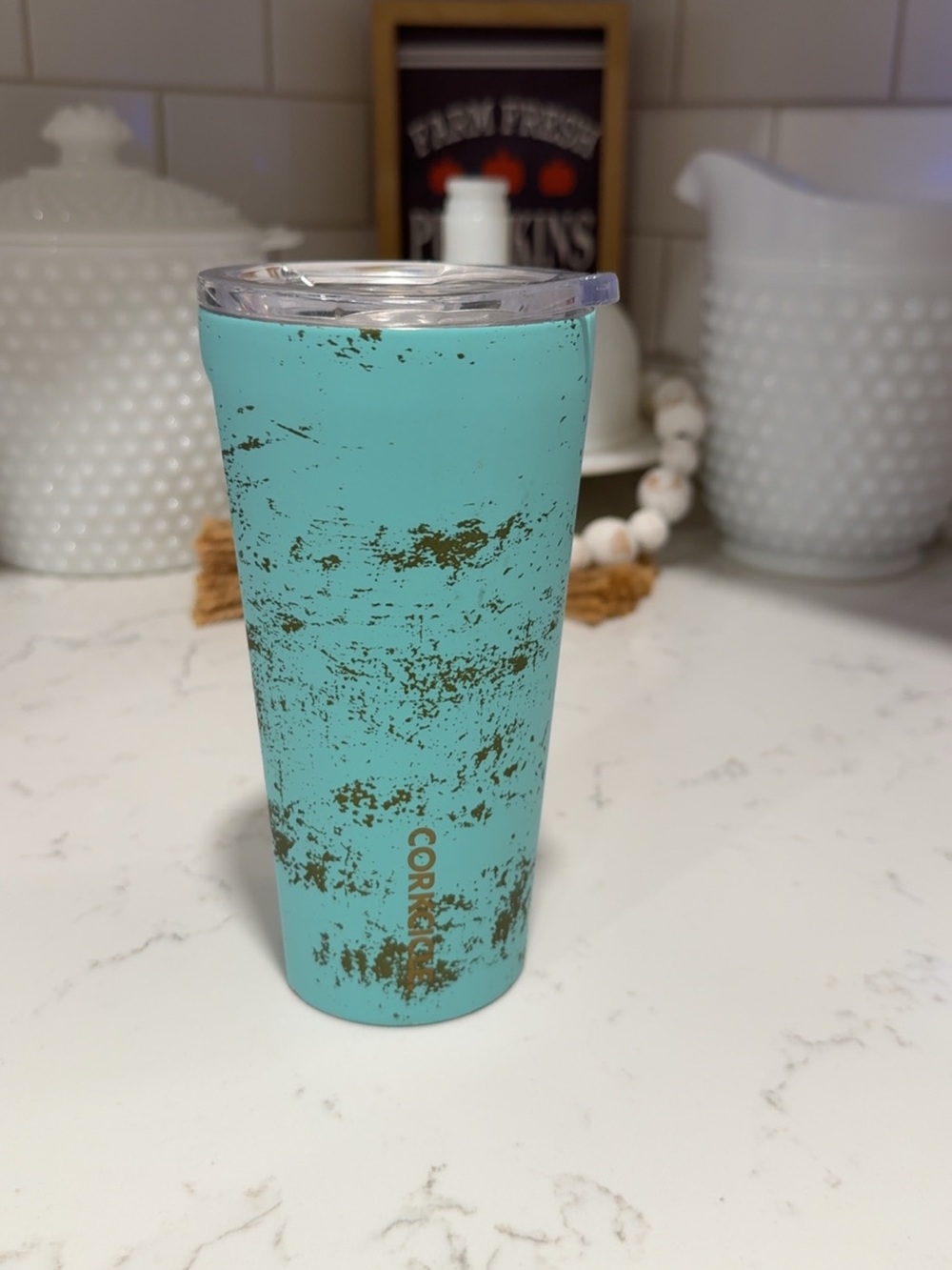 Corkcicle Turquoise Tumbler with Gold Speckle Lid